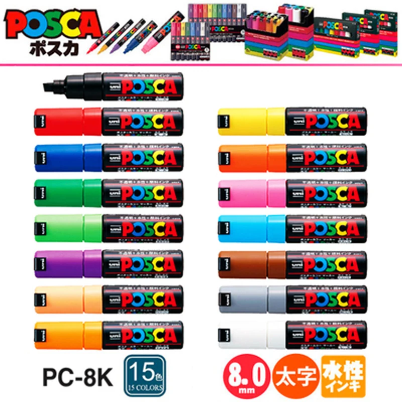 Japan Uni POSCA PC-8K 15Colo Advertising Note Number Pen Marker Pen Poster Pen Graffiti Pen POP Pen Set 8.0mm Water-based Pen