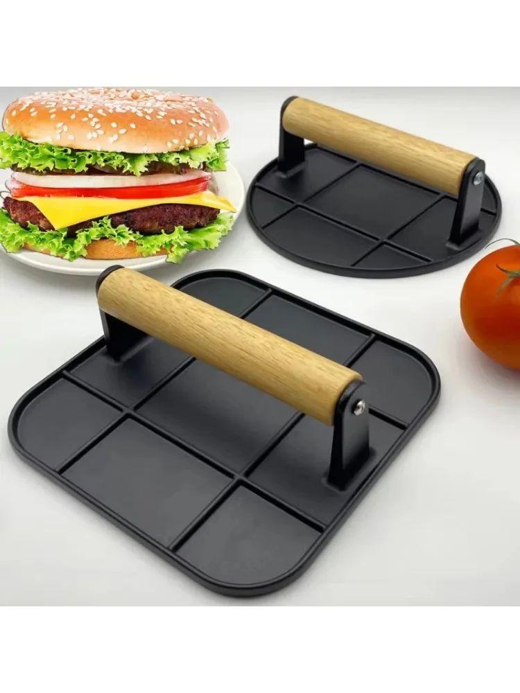 Presse à hamburgers en fonte antiadhésive en alliage d'aluminium pour l'extérieur, presse à hamburgers à viande manuelle avec manche en bois pour la cuisine de la maison et le barbecue