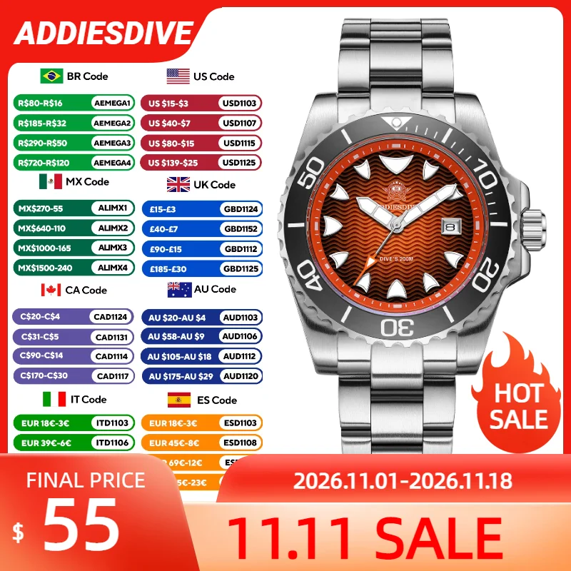 ADDIESDIVE New AD2561 Quartz Watch 41MM Stainless Steel BGW9 Luminous Watches for Men Date Display 20Bar Waterproof Wristwatch