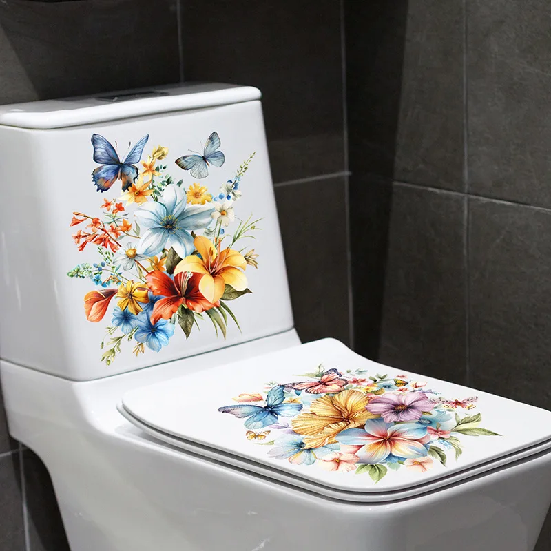 Cute Flower Butterfly Toilet Stickers 2 Pieces DIY Detachable Wall Stickers Home Washroom Ornament