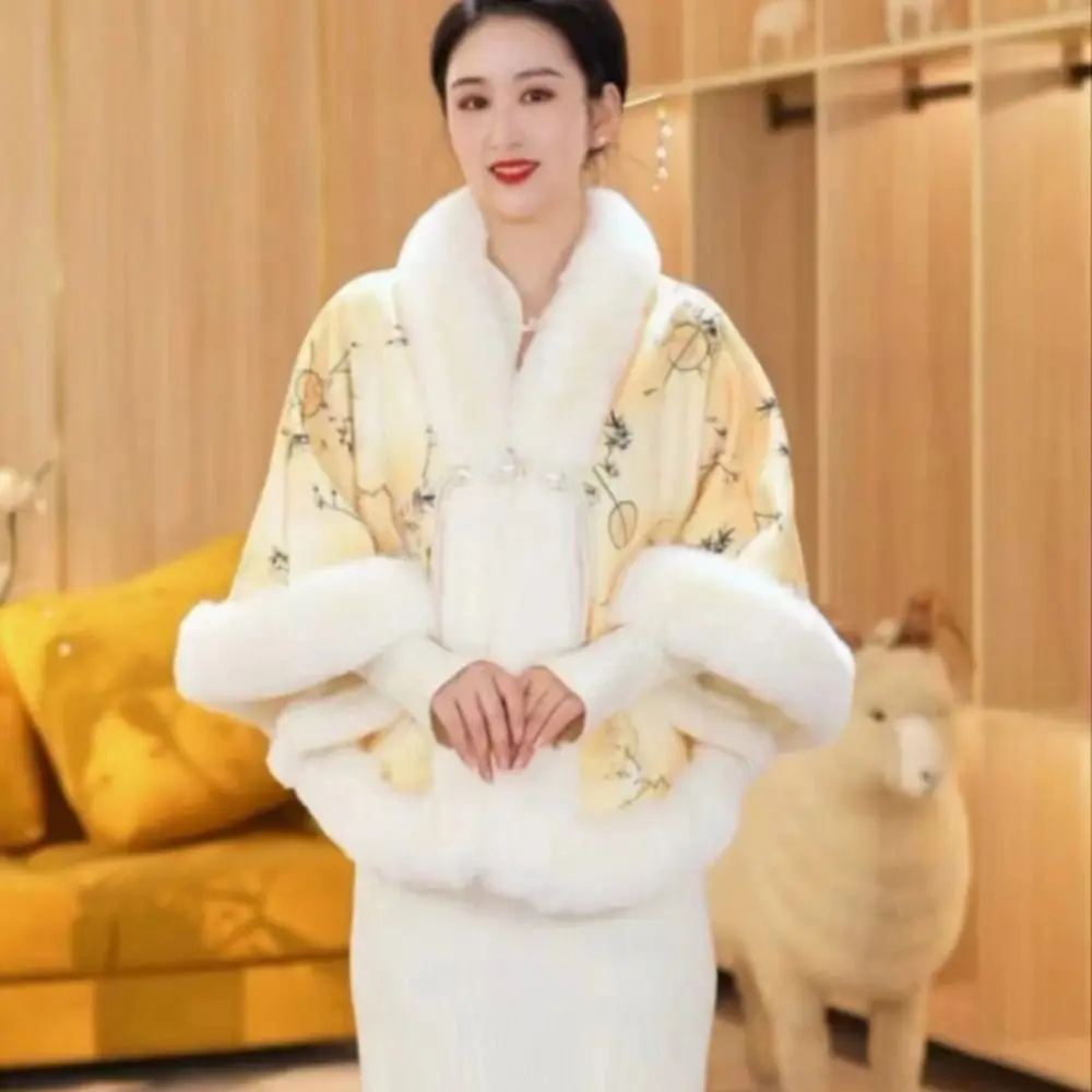 

Winter Warm Knitting Shawl Elegant Chinese Style Faux Fur Collar Shawl Thick Cardigan Cloak for Evening Dresses Wedding Party