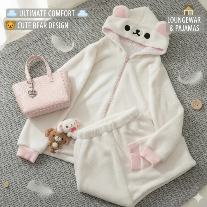 

Rilakkuma Y2K Hoodie Pajama Set Cute Japan Bear Sleepwear Girls Fleece Lined Hooded Homewear Suit Autumn Winter Loungewear New