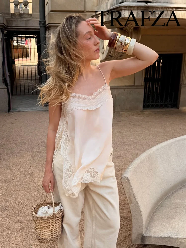

TRAFZA Female 2025 Summer Fashion V-neck Lace Spliced Split Sling Top Women Chic Sexy Backless Party Style Casual Camisole Top