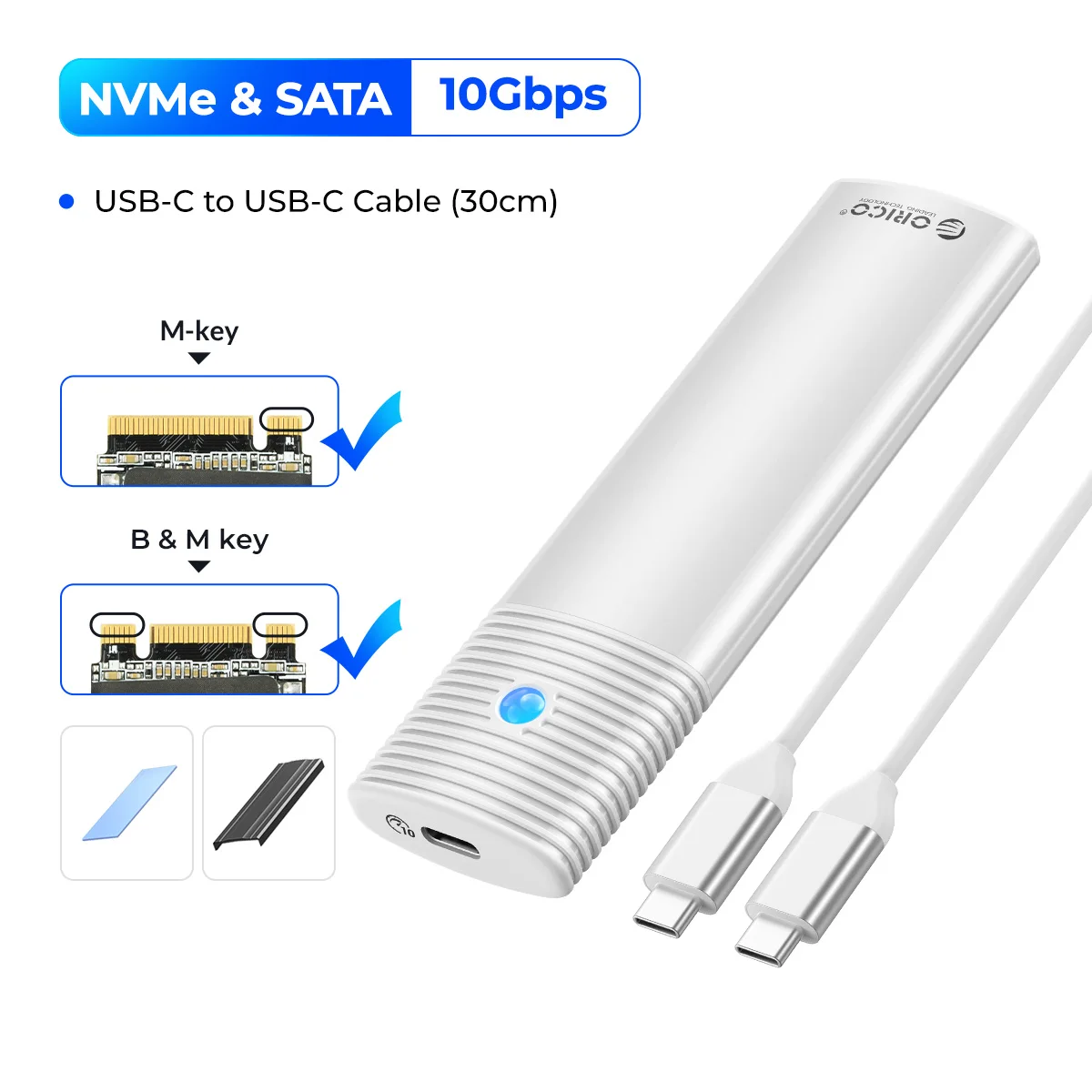 ORICO M2 SSD-behuizing NVMe NGFF 10Gbps PCIe M.2 SSD-behuizing Draagbare USB C 3.2Gen2 Gereedschapsvrije externe adapter met metalen koellichaam