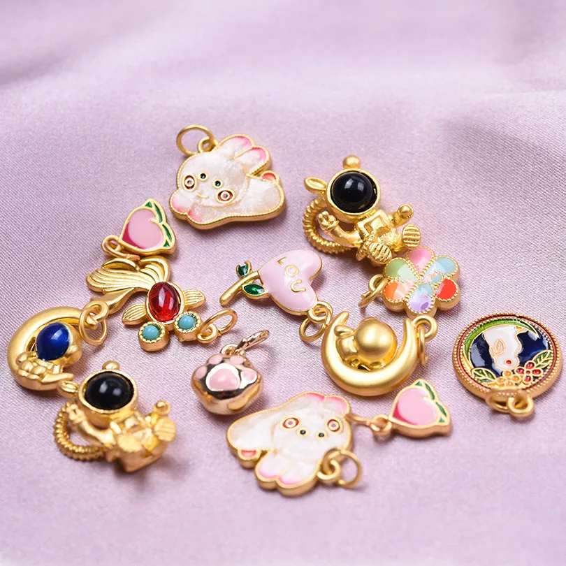 5/12Pcs Diy Cartoon Animal Rabbit Goldfish Butterfly Charms Handmade Enamel Kawaii Astronaut Angel Love Moon Pendant Jewelry