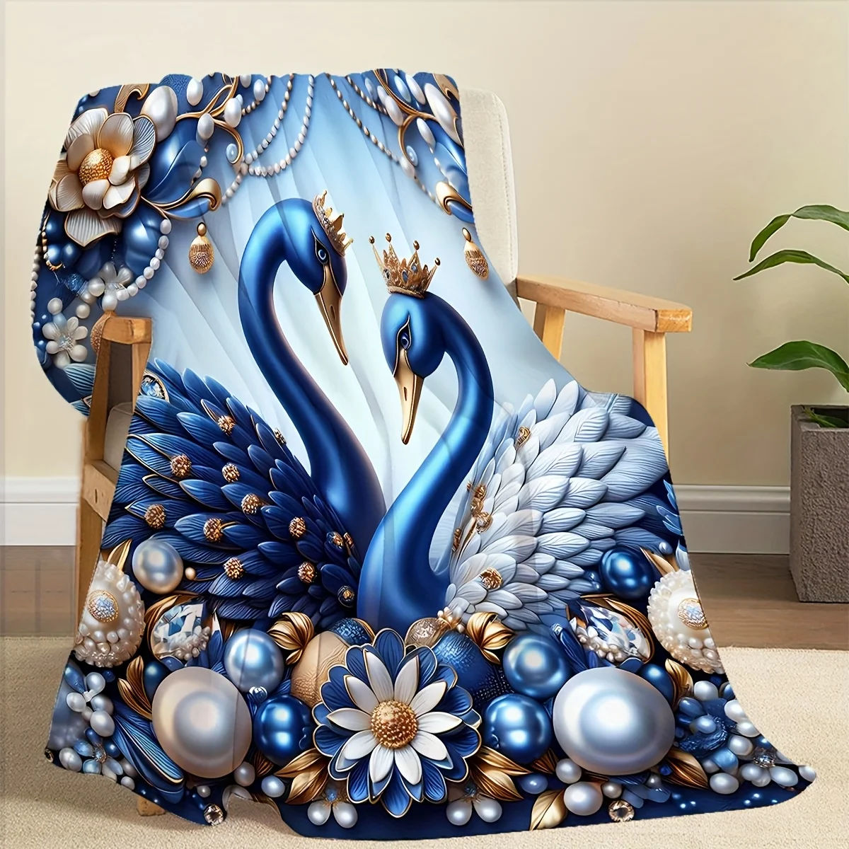 A Creative And Stylish Blanket Featuring a Pearl Floral Swan Print, Perfect for Modern Decor. This Outdoor And Travel Blanket Is