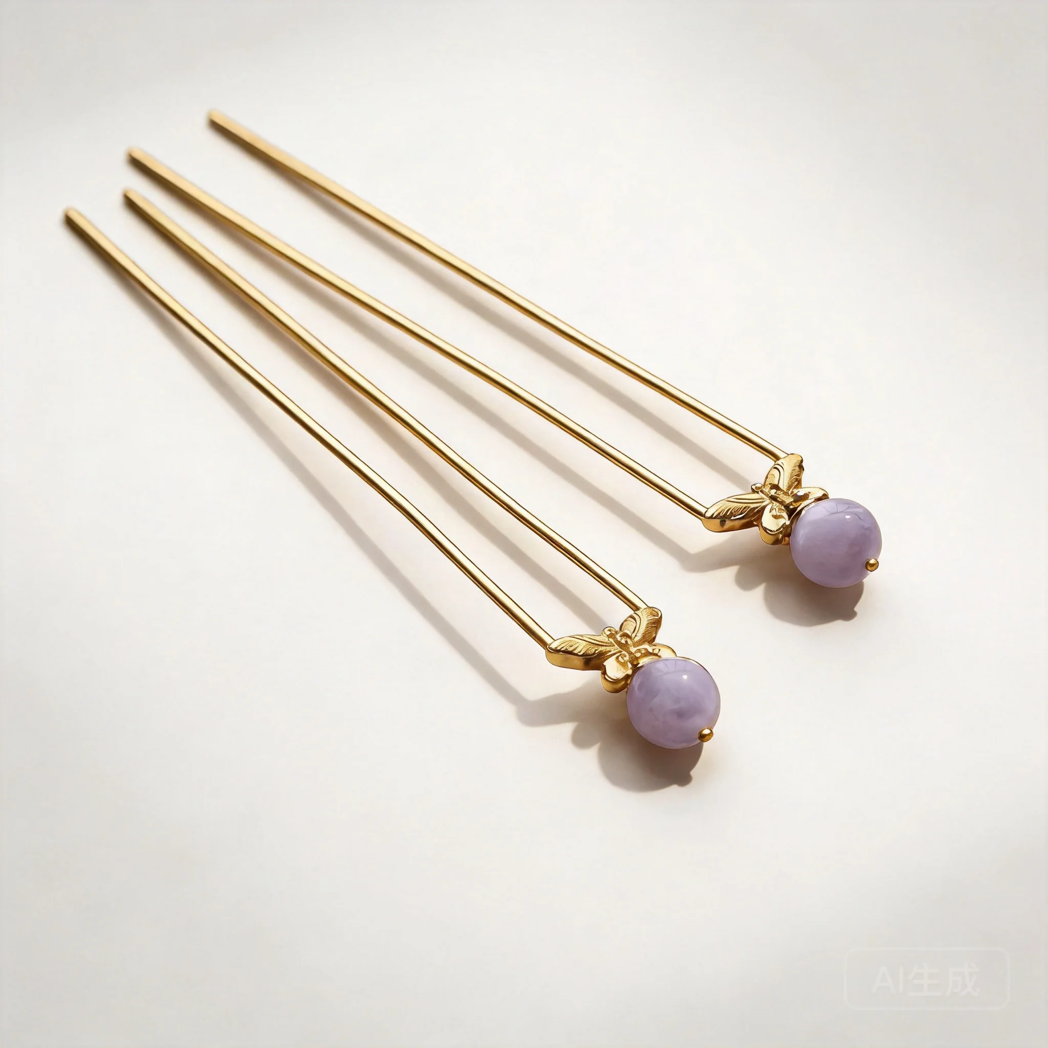 Chinese Style Retro Tang Dynasty Gold Plated U Shaped Hair Stick Purple Jade Bead Butterfly Decor Lucky Auspicious Hair Accessor