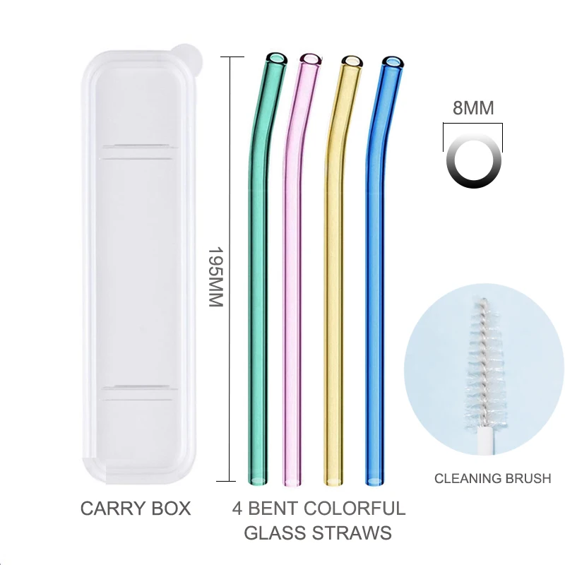 Carry Box Multi-Color Glass Straws Set Eco-friendly Reusable Drinking Straws for Cocktail Smoothie Milkshake