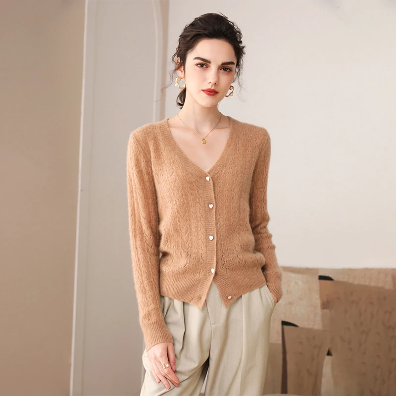 Spring Autumn Women Cardigan 100% Cashmere Knitted Sweater Chic Coat V-neck Cardigans Full Sleeve Loose Large Size Women Shirt