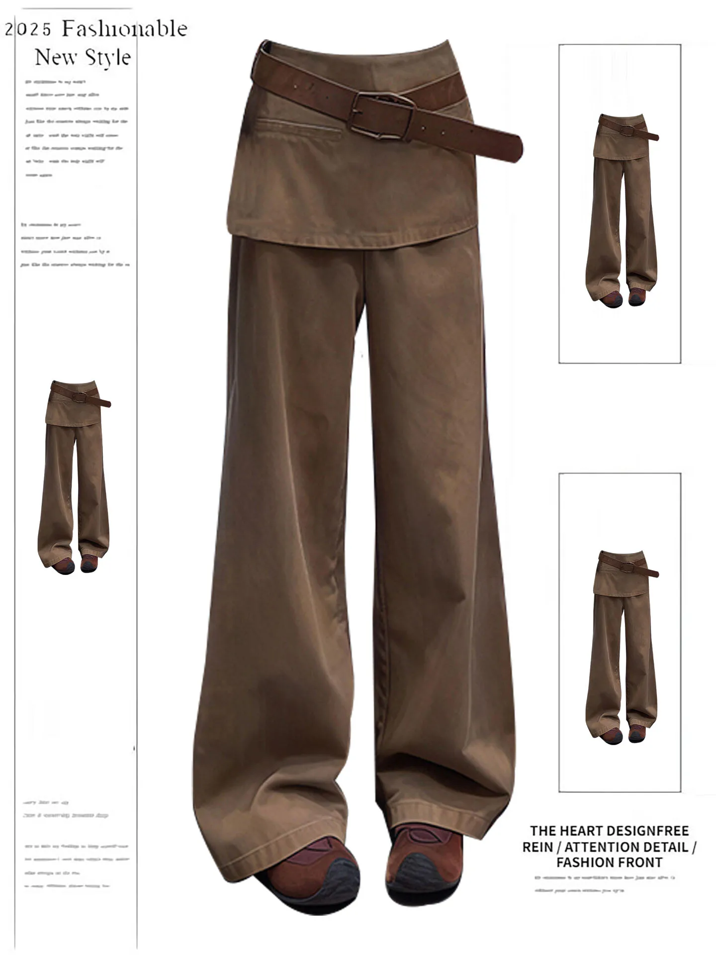 

Khaki High Waist Loose Straight Leg Denim Pants Women's Autumn Winter Design Sense Fake Two-Piece Wide Leg Long Pants