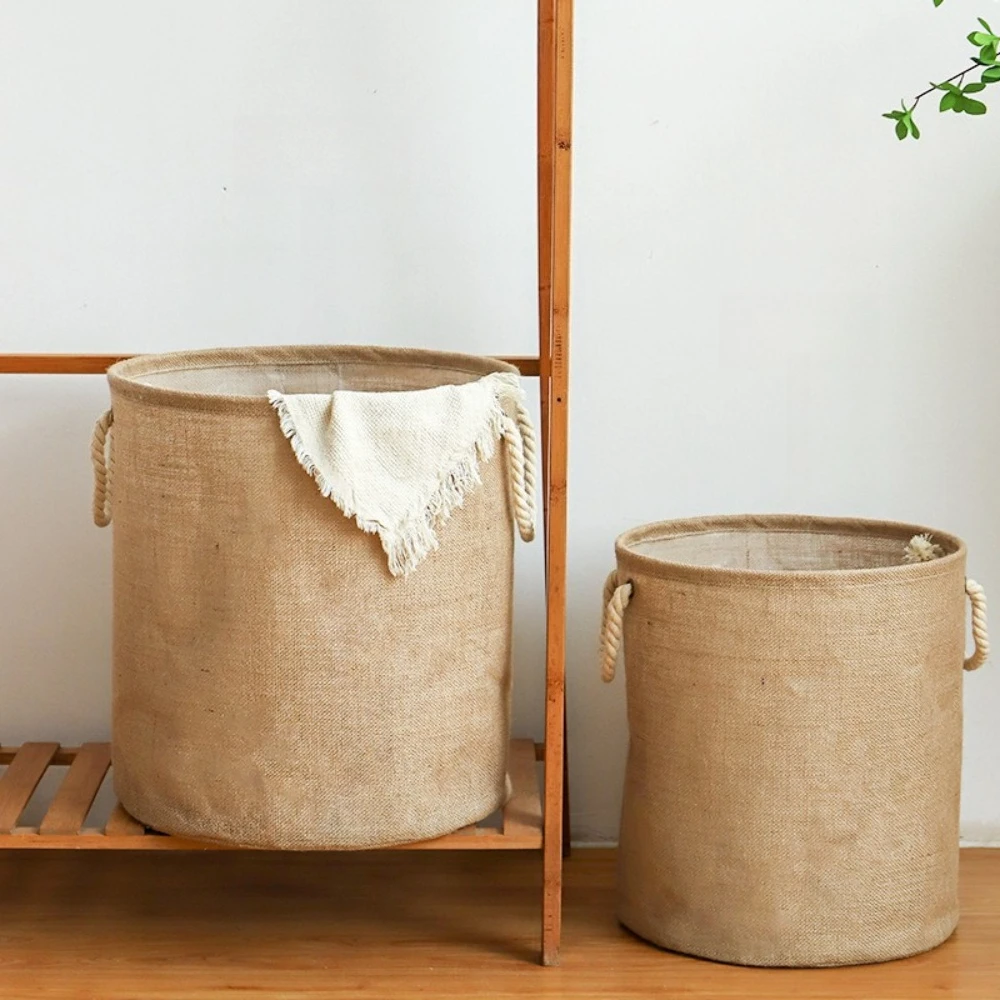 Jute Laundry Basket with Cotton Rope Handles Waterproof PE Lining Dirty Clothes Storage Hamper Home Bathroom Storage Organizer