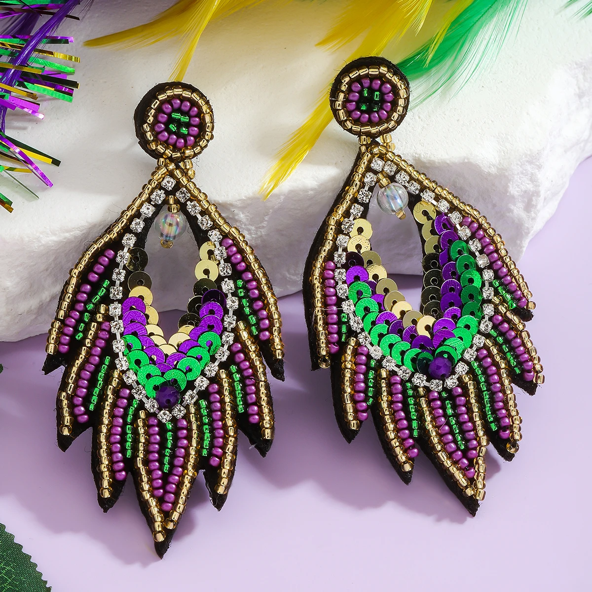 Carnival Exaggerated Handmade Beaded Feather Dangle Earrings for Women Personality Mardi Gras Holiday Decoration Party Gifts