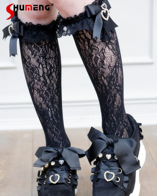 

Lolita Cute Knee-high White Socks with Pink Bow Japanese Girl Kawaii Handmade Bow Pearl Heart Pendant Lace Mid-Calf Black Socks