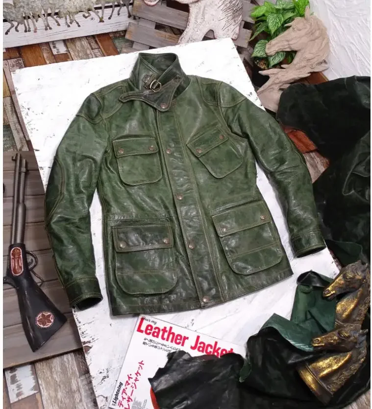 سترة من الجلد الطبيعي M65 باللون الأخضر العتيق على الطراز الأمريكي. معطف جلد الحصان عالي الجودة للرجال. قماش جلدي بمقاس كبير #4