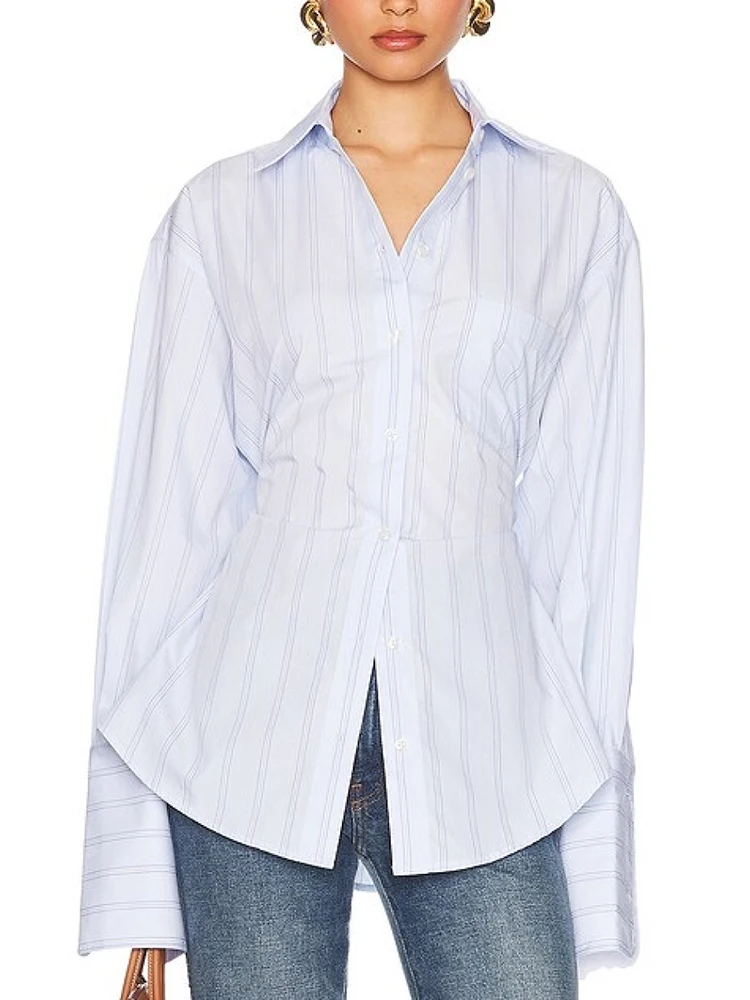 

Woman clothing y2k summer splicing long sleeve striped Women shirts cotton tie pleated waist Women top 2025 high quality new