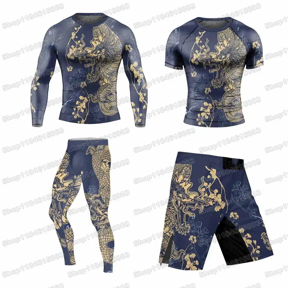 Flower Chinese Dragon Rash Guards Surfing Jersey Beach Shirts Swimwear Diving Gym Shorts MMA BJJ Men Jiu Jitsu Fitness Sets