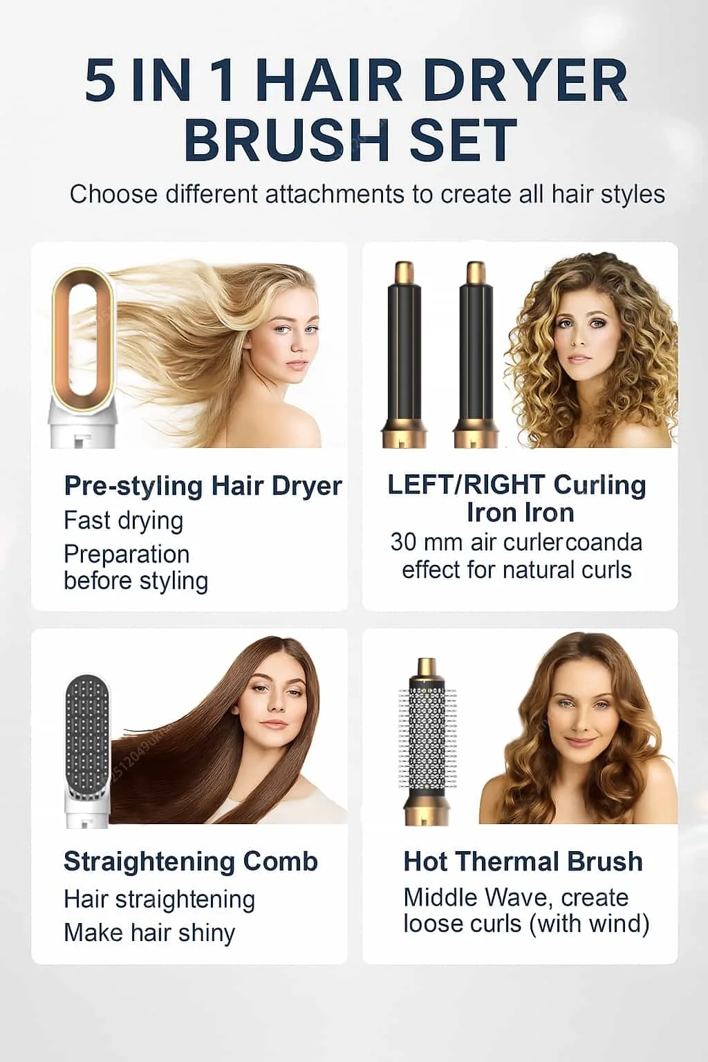 5 في 1 فرشاة مجفف الشعر ومجموعة أدوات تصفيف الشعر المهنية مشط الهواء الساخن مكواة تجعيد مكواة فرد الشعر لتكثيف وتصفيفه
