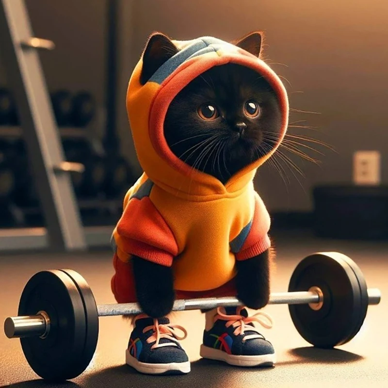 Fitness Cats Figurine Sculpture Modern Offices Home Decors Ornaments Barbell Cats Statue Collectible Creative Gifts