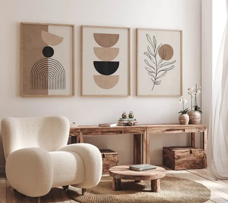 3-teiliges Set Neutrale Beige-Schwarze Linienkunst Geometrische Leinwanddrucke Mid-Century Modern Bohemian Blumen Wandkunst Poster für Wohnraumdekoration