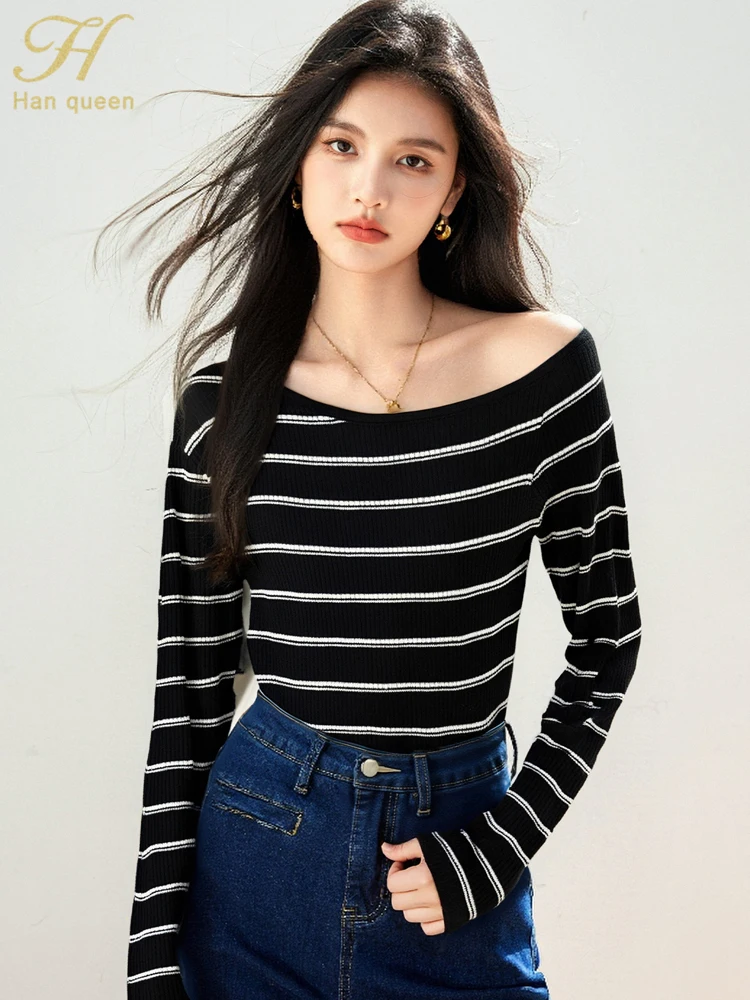 

H Han Queen Autumn Contrast Striped Base Korean Fashion Women Sweaters Long Sleeve Tops Casual Simple Pullovers Woman Clothing