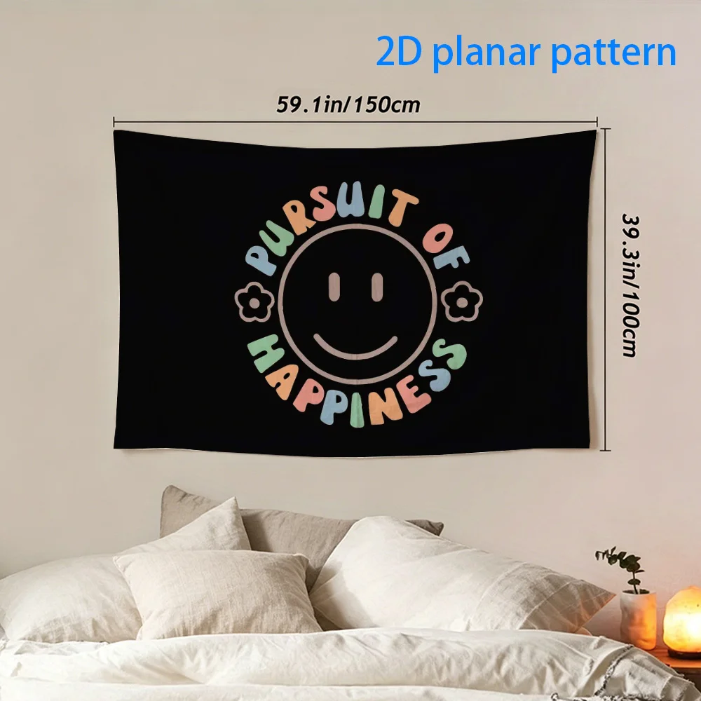 Pursuit of Happiness Tapestry, Retro Smiley Face Wall Hanging, Colorful Typography Art Positive Dorm Decor Black Background Gift