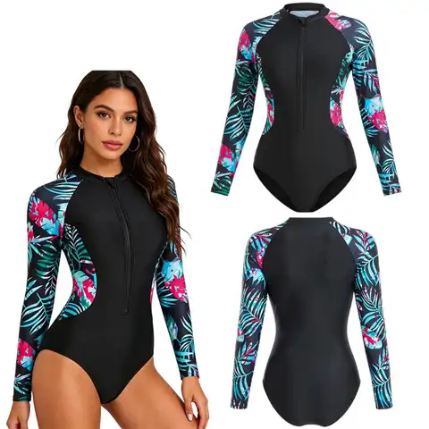 Women Tropical Leaf Print Swimsuit Long Sleeve Front Zipper Sportswear for Summer Surfing Bathing Beach Swimming Bodysuit