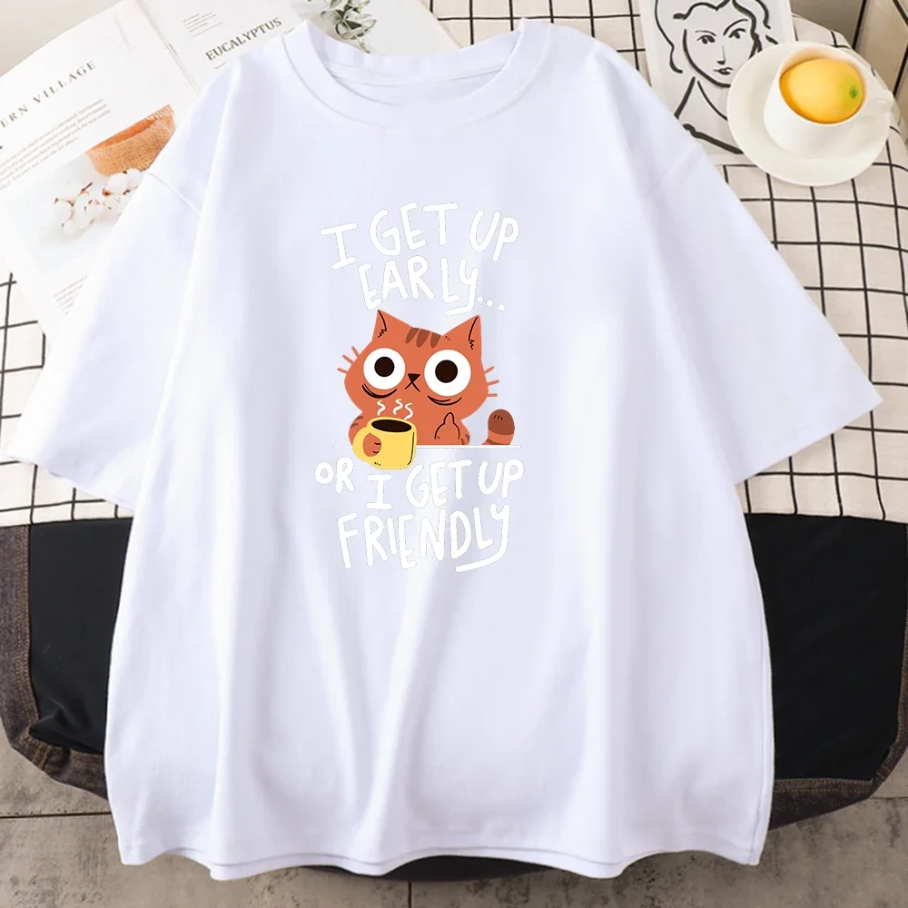 Morning Cat Hip Hop Coffee Cat Printing Women T-Shirts Creativity Vintage O-Neck Tee Clothing Breathable Women Tops Graphic Y2K