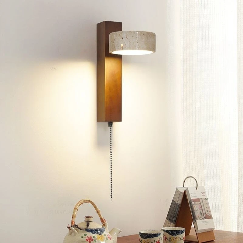 Bedside wall lamp with pull wire switch rotatable French medieval wabi-sabi wind solid wood retro lamp