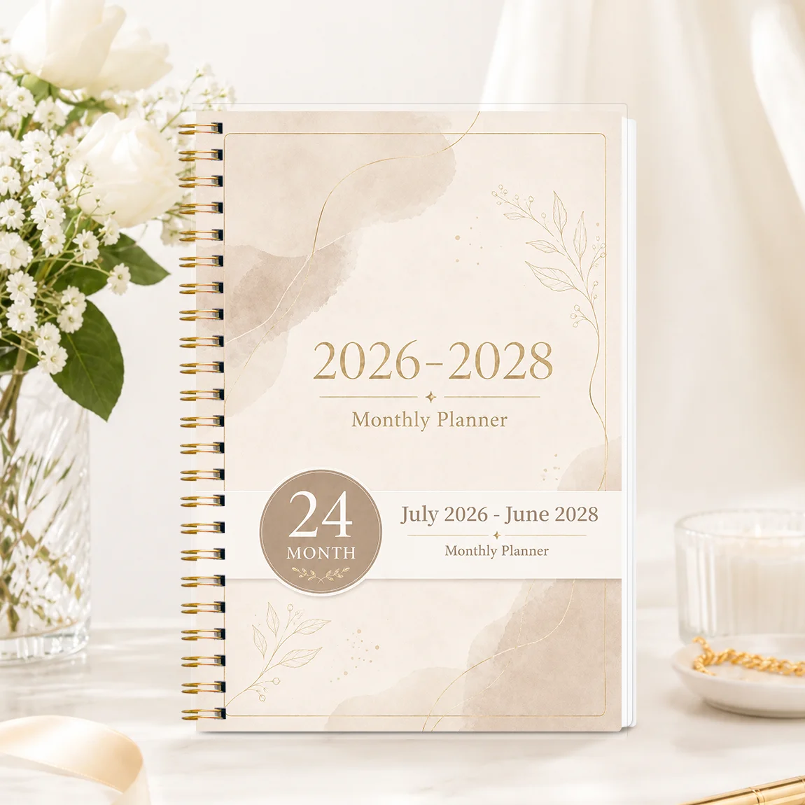 1PC Jul 2026-Jun 2028 Monthly Planner, Beige Floral A5 8.15x5.71in, Gold Spiral, Monthly Overview for Work & Daily