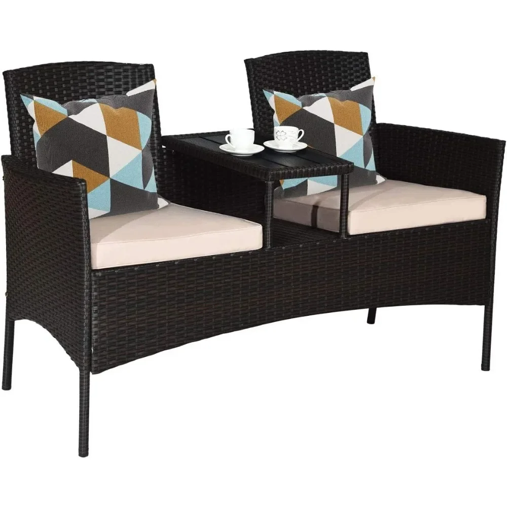 

Outdoor Rattan Loveseat, Patio Conversation Set with Cushions & Table,Modern Patented Wicker Sofa Set with Built-in Coffee Table
