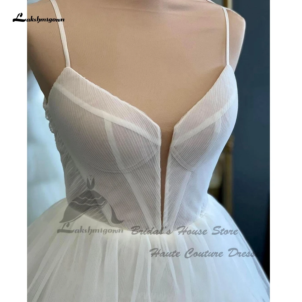 Lakshmigown-Vestido de novia de princesa, traje con cuello en V, línea A, tul blanco, tirantes finos, 2024