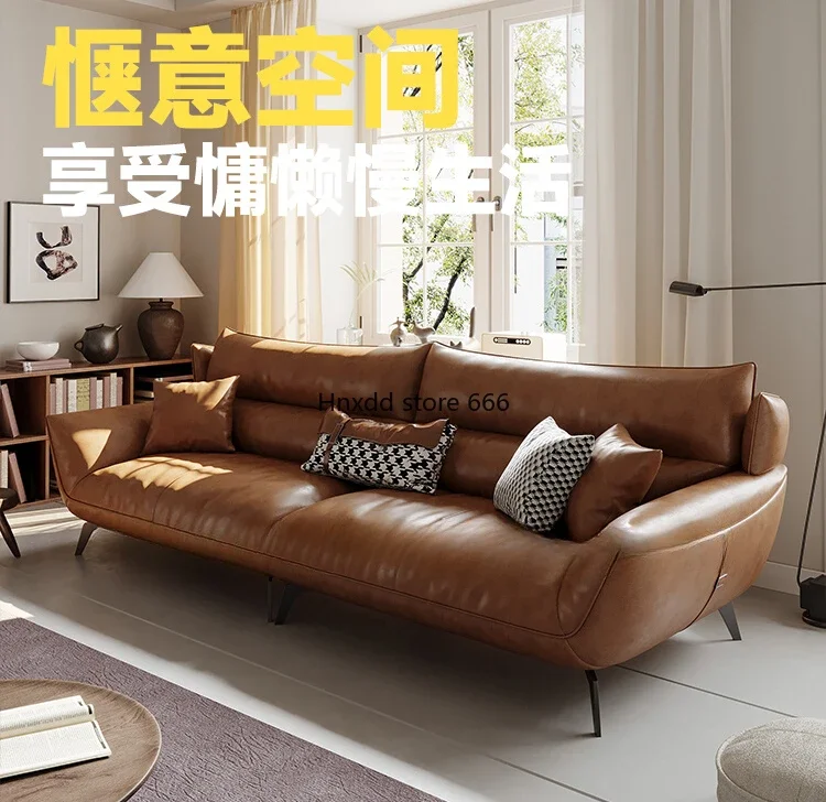 Italian minimalist leather sofa, living room three or four high-footed straight-row sofa