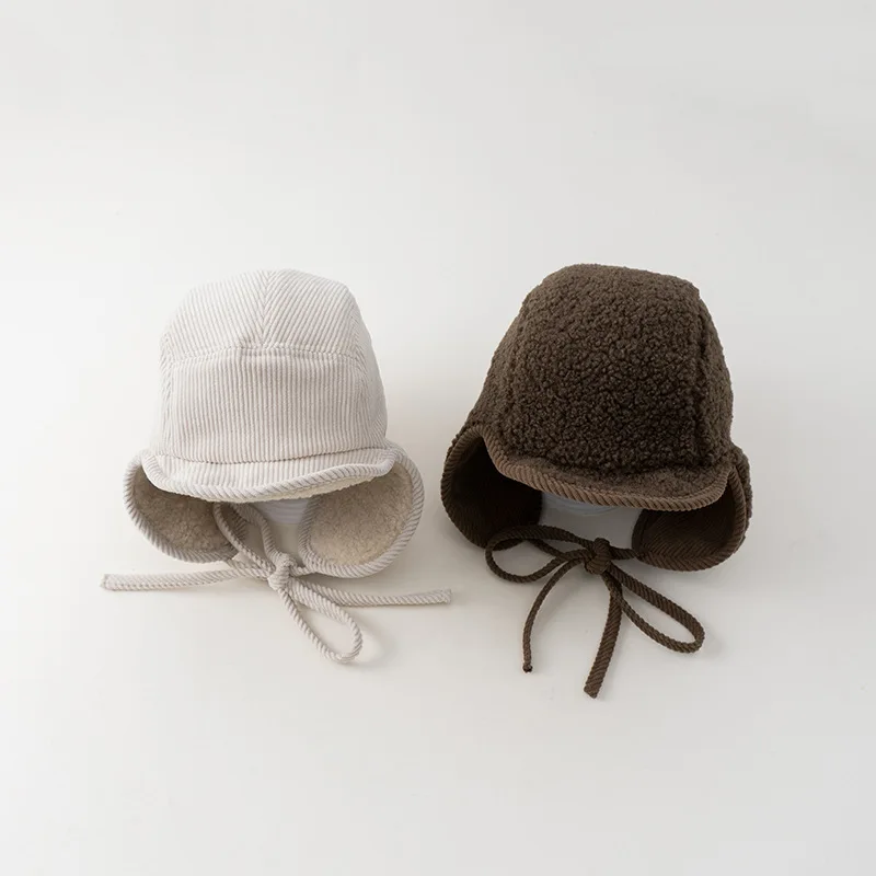 Children Winter Hat Corduroy Plush Cold-proof Warm Ear Protection Cap Double-sided Wear All-match Caps