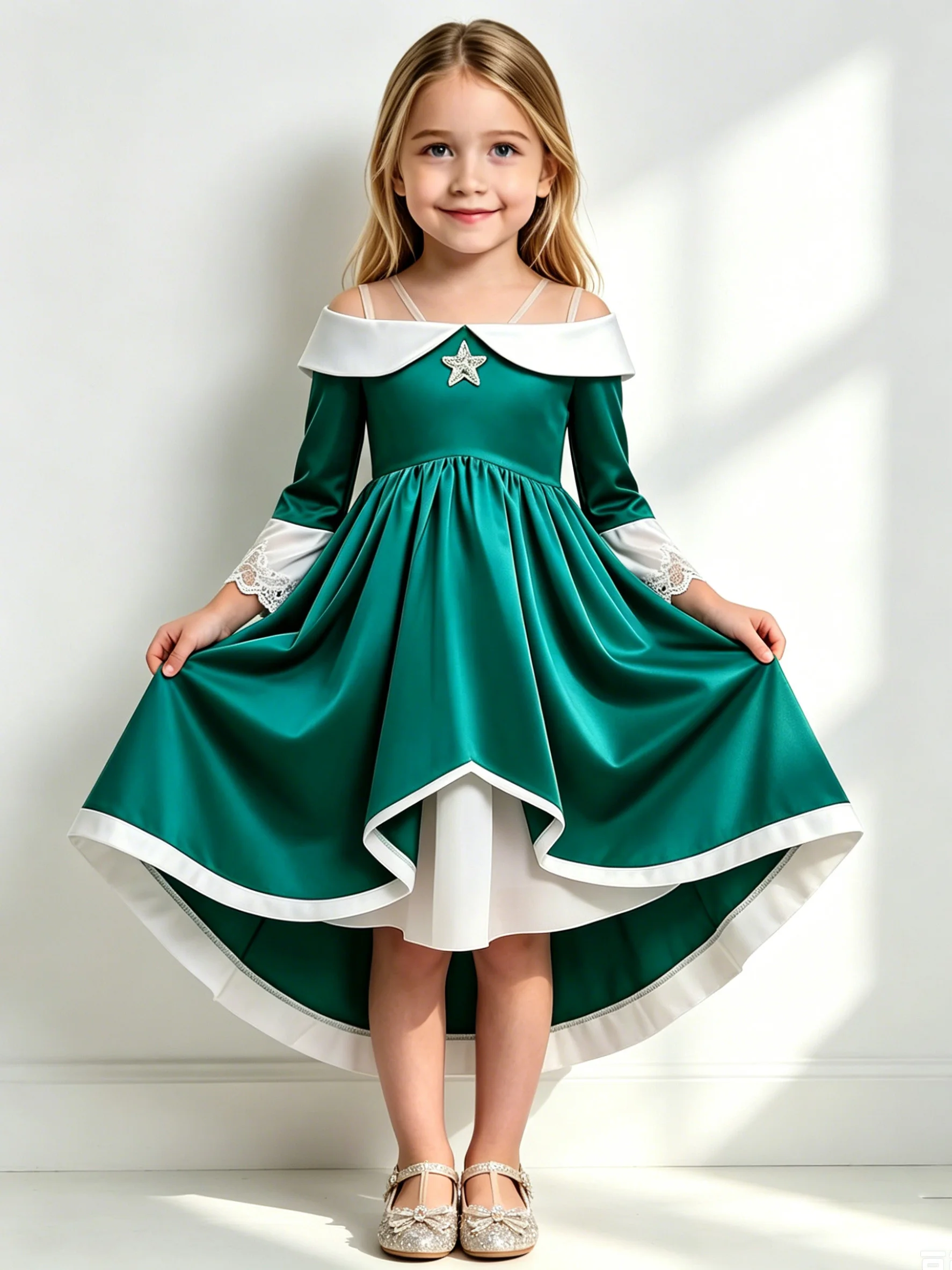 Girls Blue Star Princess Dress Long Sleeve White Collar Lace Cuff Birthday Party Cosplay Costume Kids Wedding Flower Girl Dress