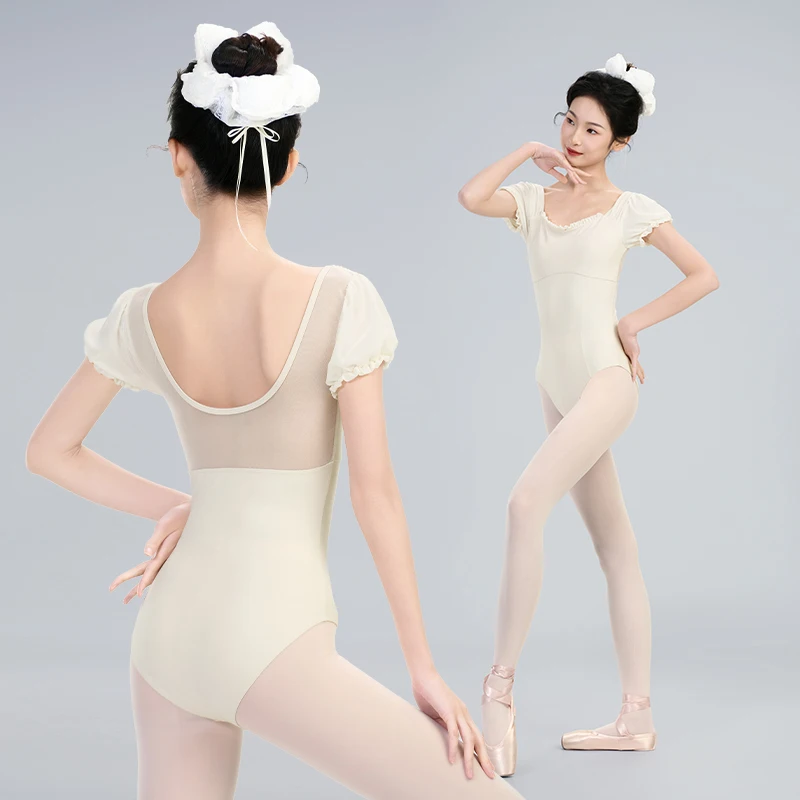 Women Ballet Leotards Square Collar Puff Sleeve Ballet Dance Bodysuit Adult Mesh Splicing Gymnastic Leotard