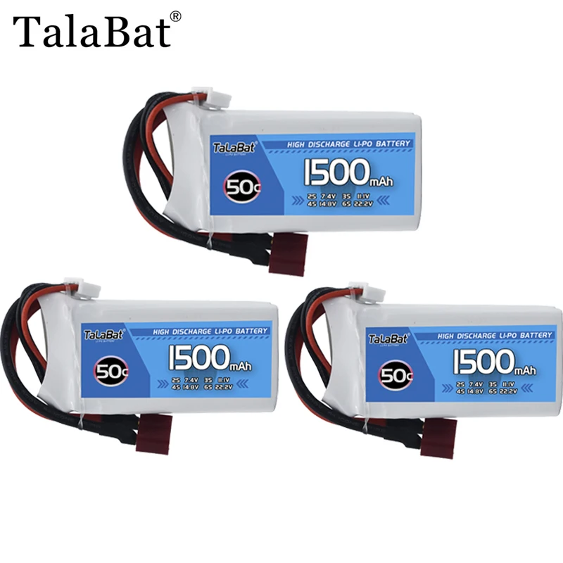 

3 шт. TalaBat Lipo аккумулятор 1500 мАч 11,1 В 50C для RC FPV самолета, квадрокоптера, вертолета, дрона, детали 3S, аккумулятор с вилкой XT60