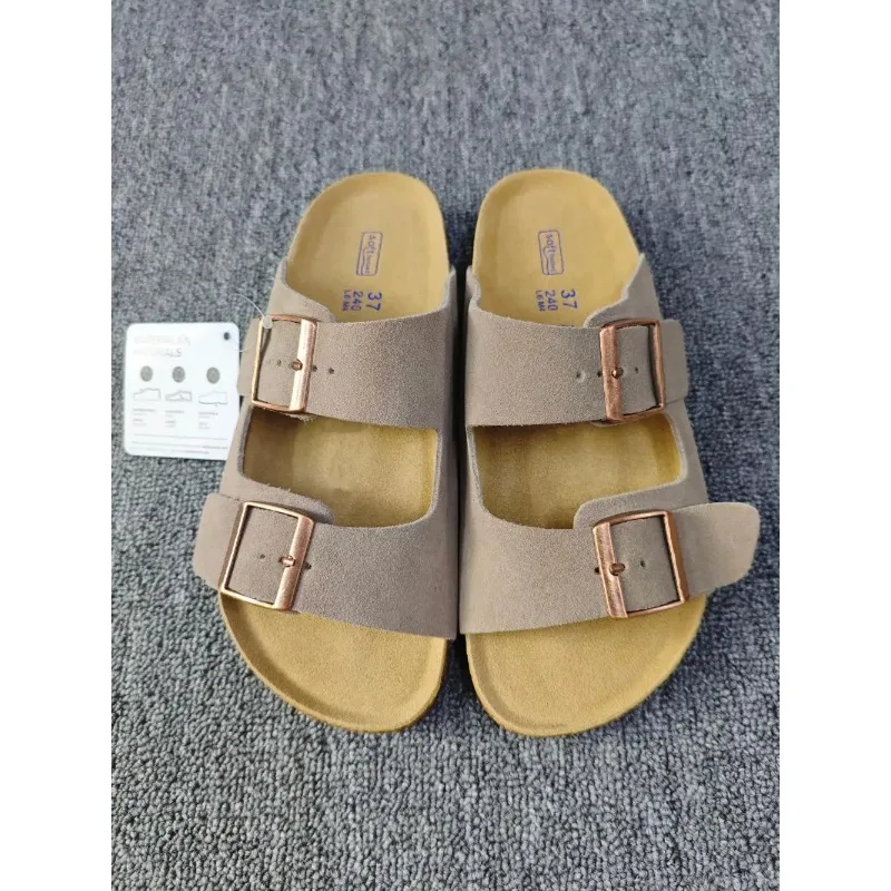 Vintage Style Unisex Double Buckle Flat Beach Slide Sandals with Cork Insole – Casual Comfort for Summer