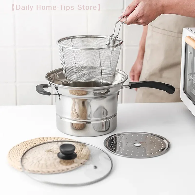 Edelstahl-Fritteusentopf mit Siebkorb und Griff, tragbarer multifunktionaler Frittiertopf für Pommes Frites, Meeresfrüchte
