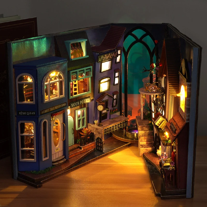 Magic World DIY Book Nook Shelf Insert Kit with LED Light 3D Wooden Model Wizard Street Bookend Assembly Kit