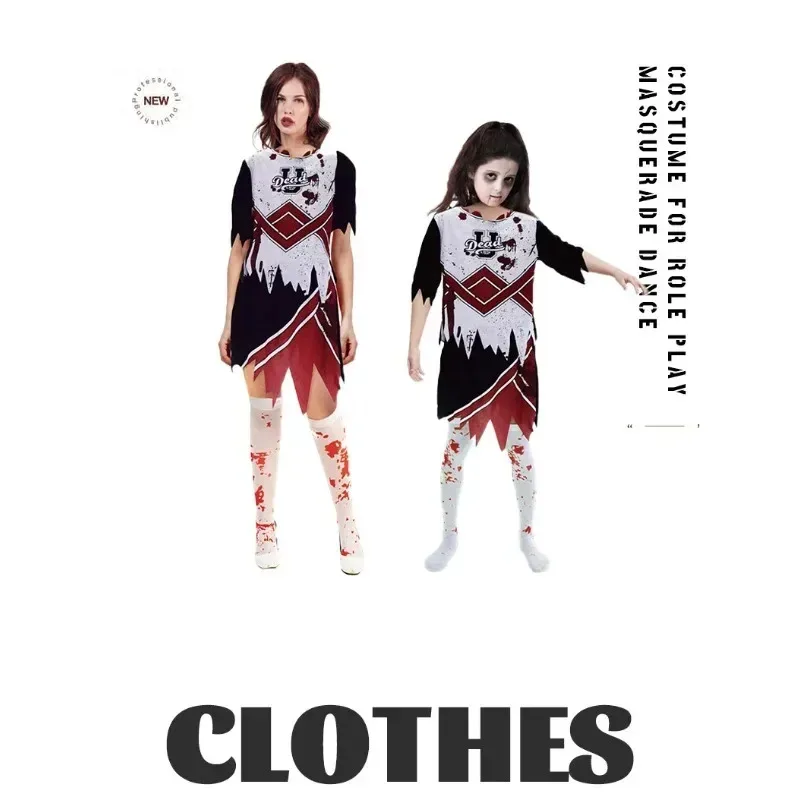 

Halloween Girl Zombie Cheerleading Masquerade Costume Blood Stockings Uniform Children's Halloween Theme Party Cosplay Costume