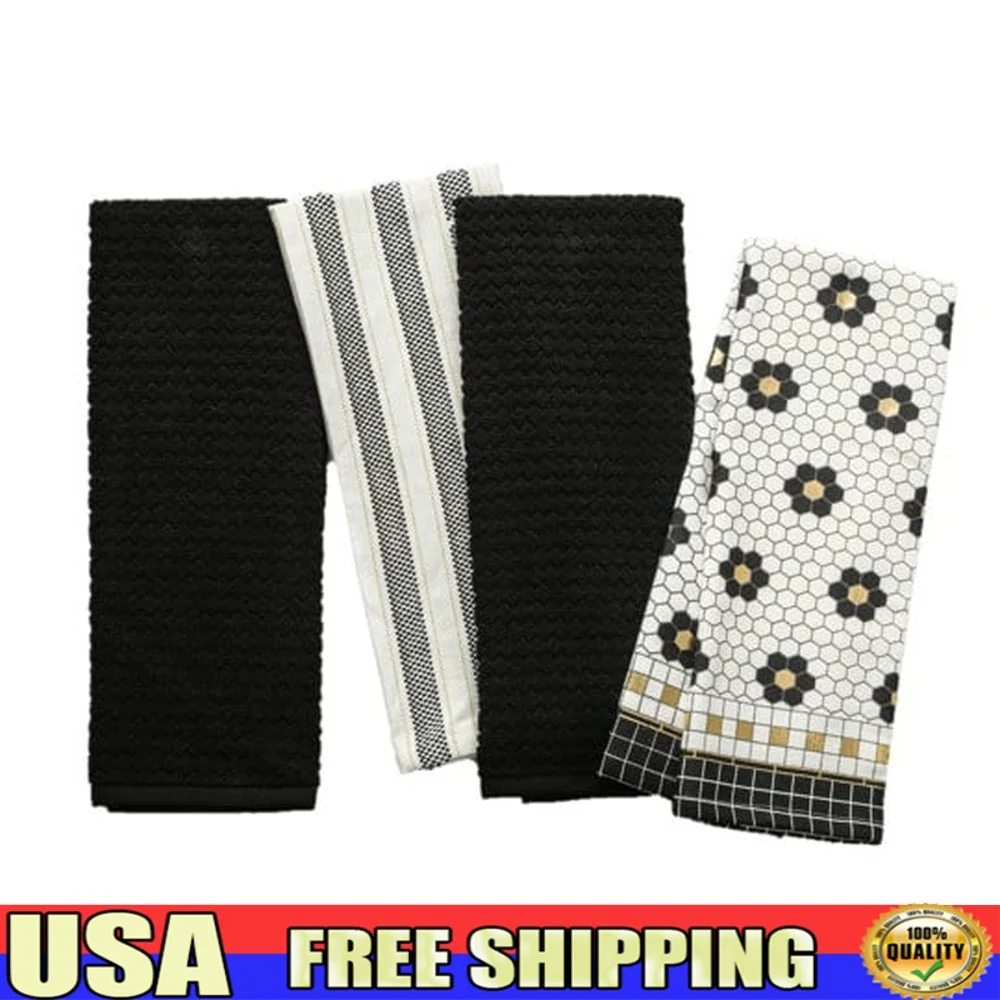 

4-Pack Kitchen Towels Set Absorbent Cotton Terry Printed Towels Black Gold Stripes Penny Tile Design Soft Durable Easy Care