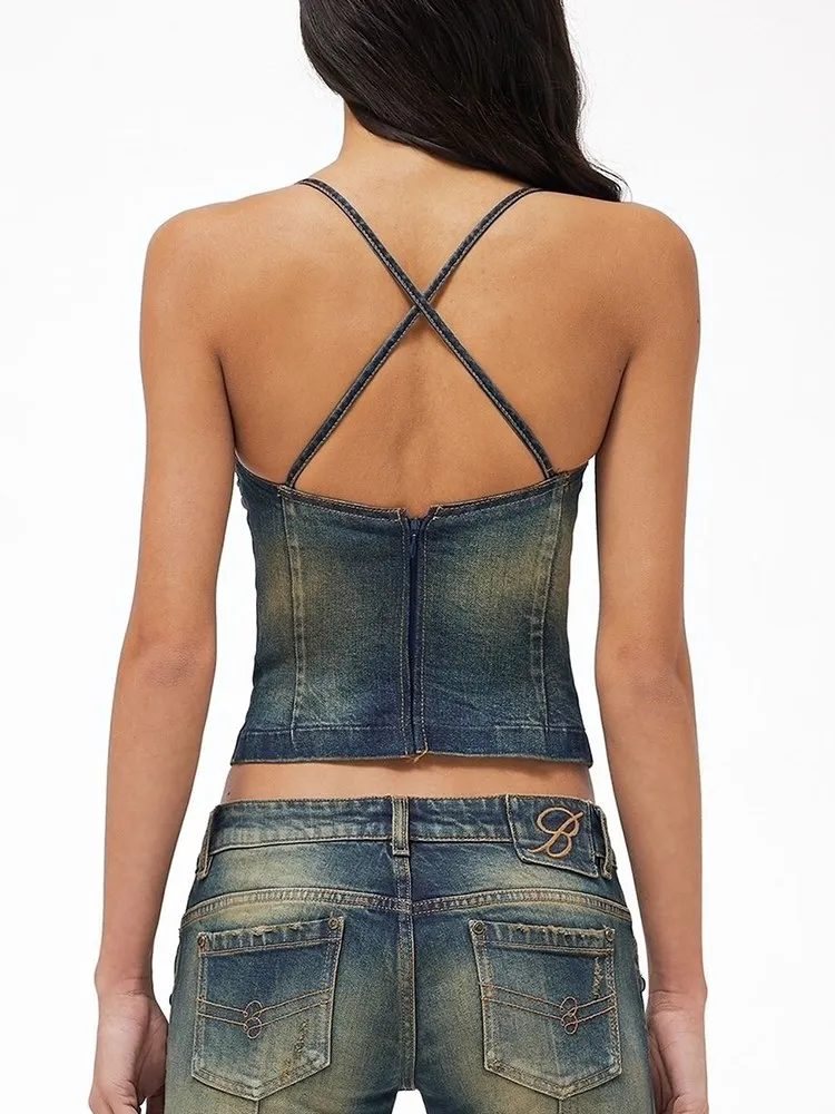 VGH Sexy Spliced Rivet Denim Tank Tops Square Collar Sleeveless Off Shoulder Backless Bandage Slimming Vest Female Summer New