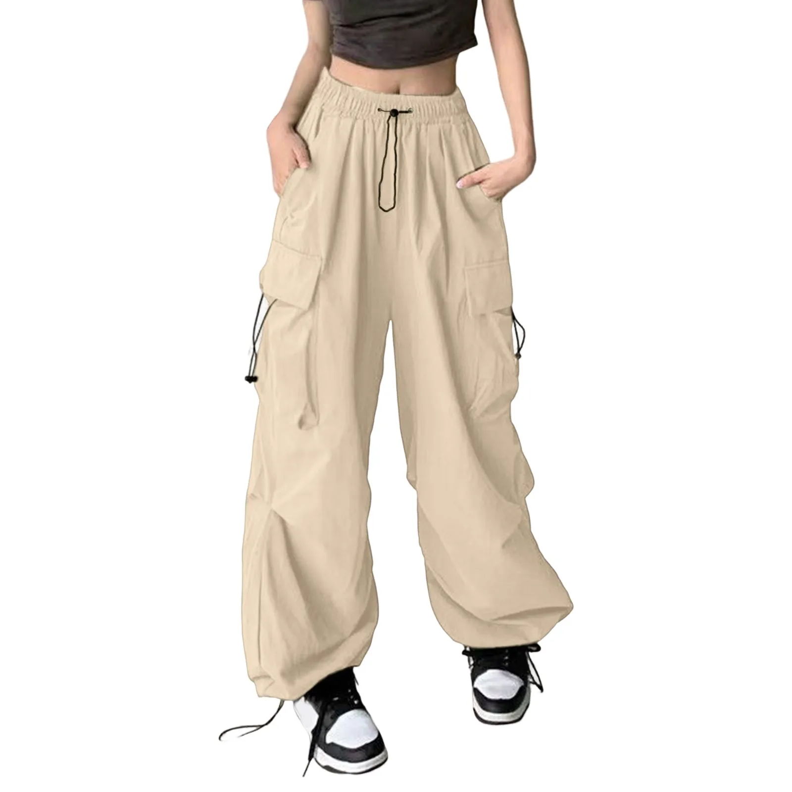 Pantalones Cargo de pierna ancha para mujer, ropa de calle, Joggers de Hip Hop, pantalones de chándal con cordón, cintura elástica, pantalones sueltos informales