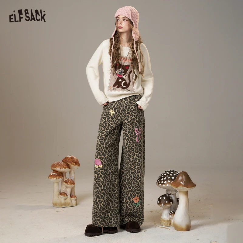 

ELFSACK 2025 Winter New Arrivals Y2K All Over Animal Print Cartoon Embroidery Loose Fit Jeans For Woman