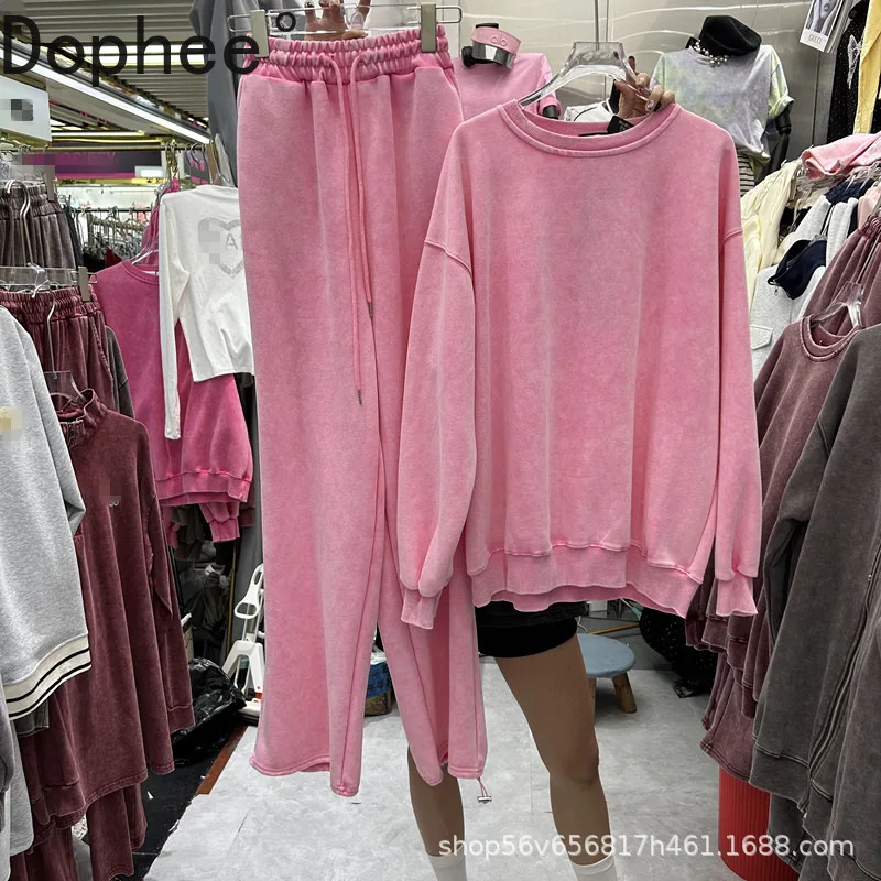 

New Spring Autumn Women Two-piece Set Solid Color O-neck Long Sleeve Hoodie Pullover Top + Elastic Waist Casual Straight Pants