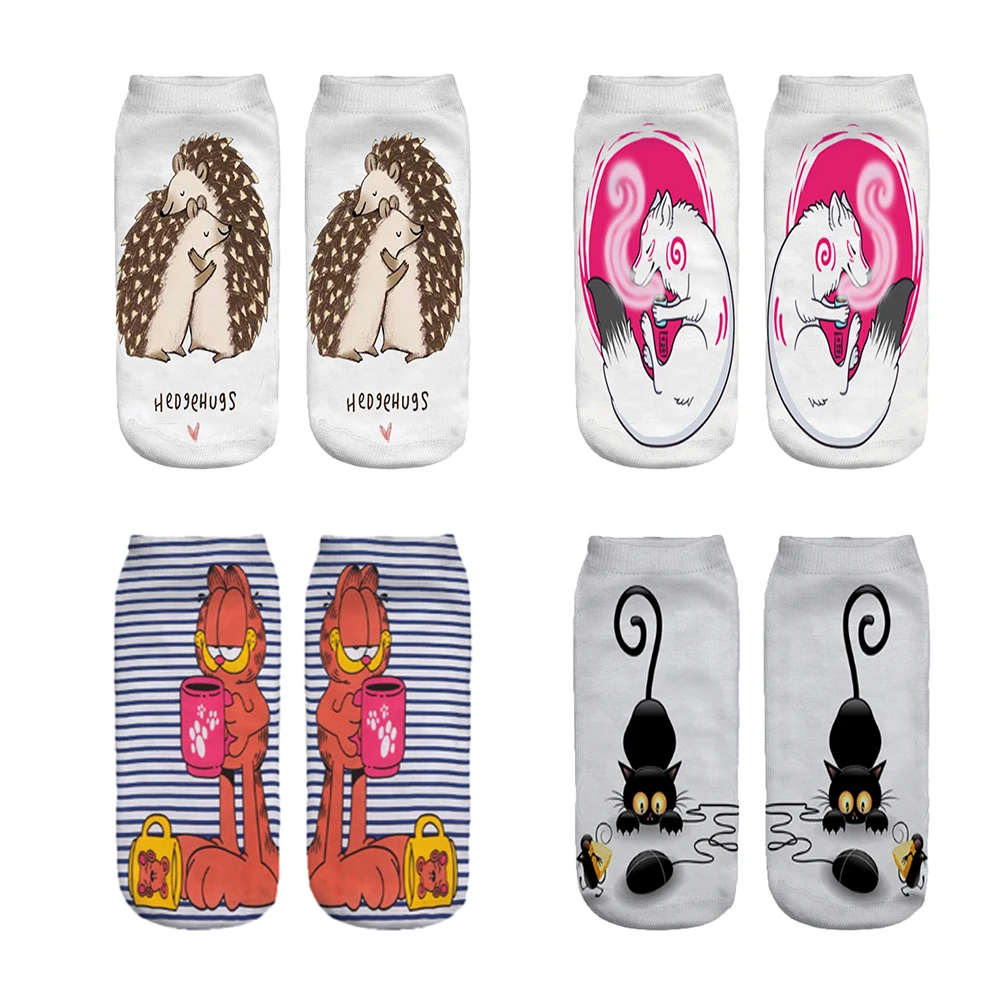 3D Print Low Ankle Sock Women Cotton Cartoon Animal Harajuku Funny Socks Men Couple Hedgehog Printed Spring