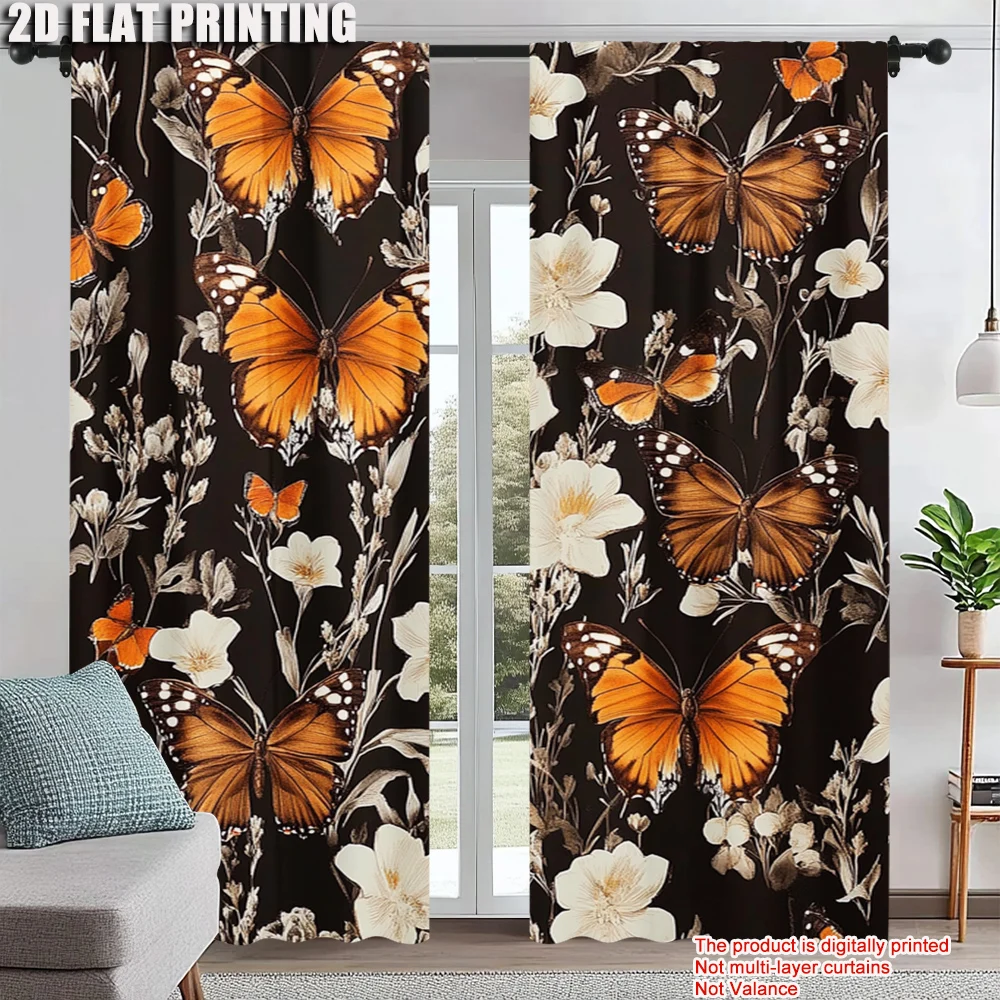 

2Pcs Butterfly Print Window Curtains Rod Pocket Design Polyester Material Perfect For Living Room Bedroom Kitchen More Home