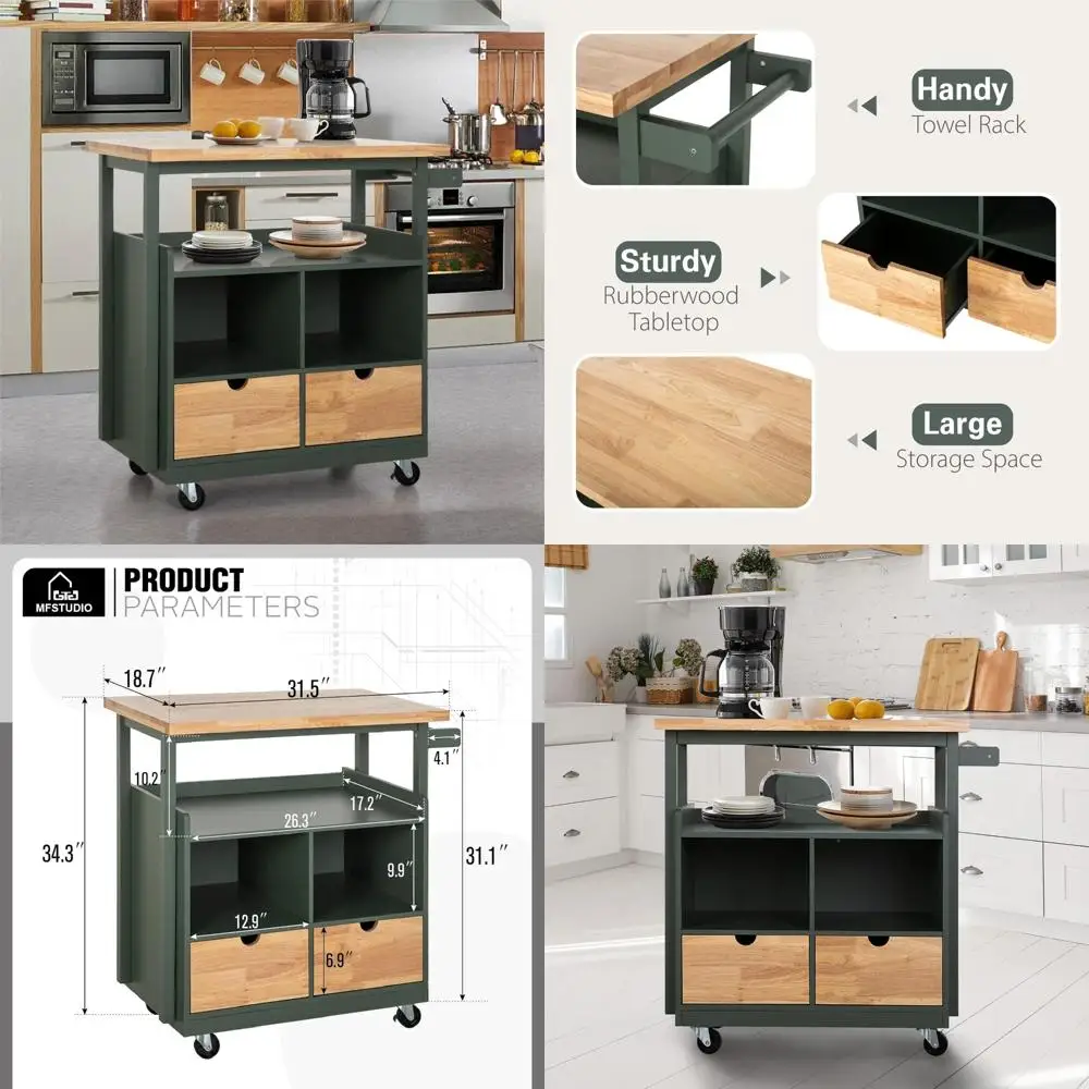 Rolling Kitchen Island with Rubberwood Top and Open Shelves - Mobile Cart Trolley for Butcher Block Style