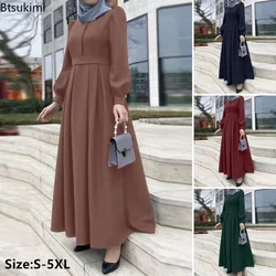 New Muslim Fashion Abaya for Women Elegant Maxi Dress Hijab Solid Casual Puff Sleeve Maxi Dress Arabic Evening Dress Robe Femme