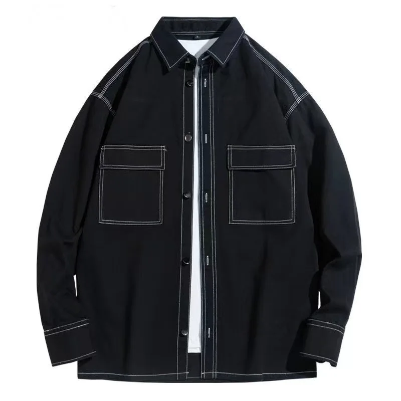 Men's Cotton Shirts Japanese Workwear Shirt Long Sleeve Loose Fit Casual Overshirt Streetwear Shirt for Men with Pockets